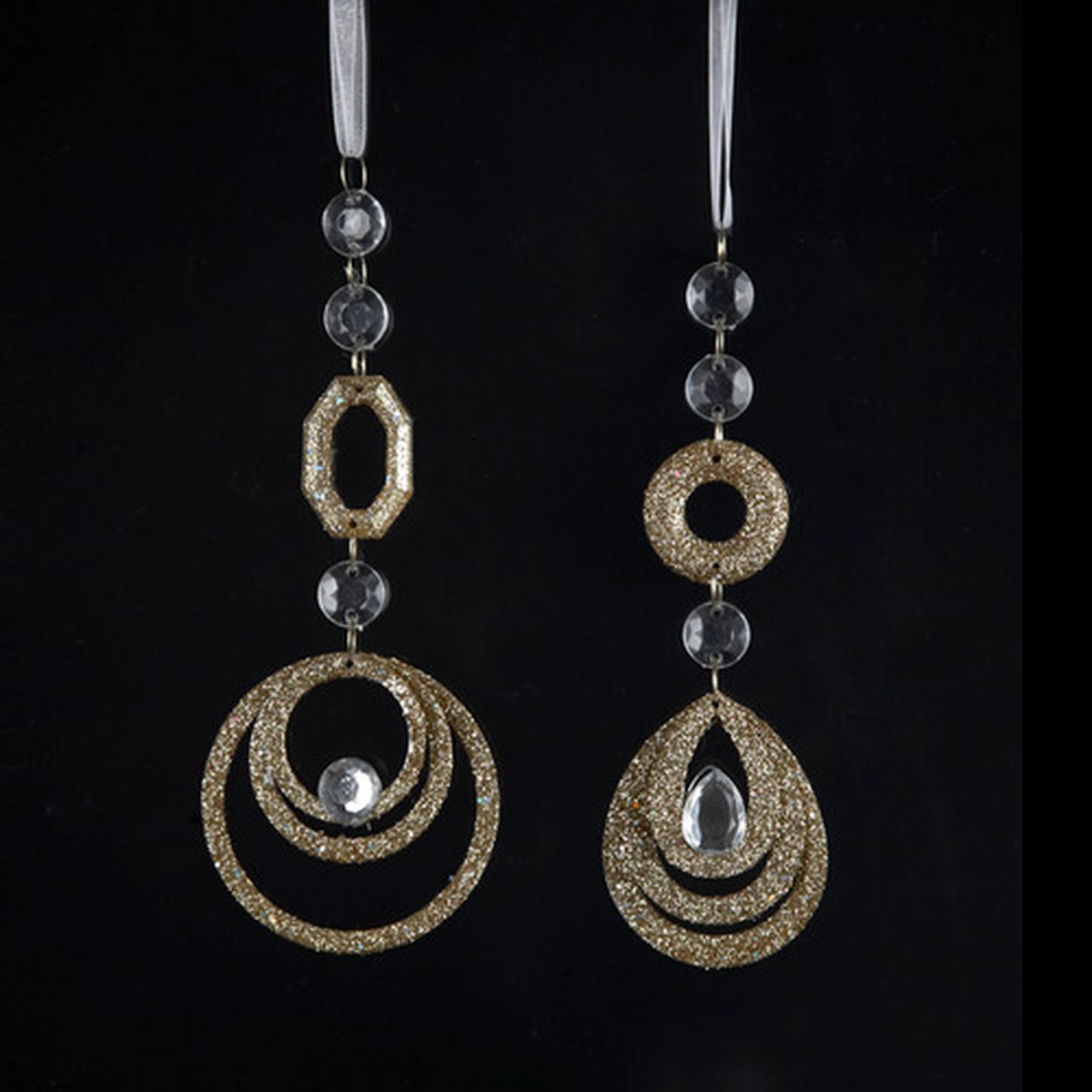 Set of 24 Round or Teardrop Gold Glitter with Clear Jewel Christmas Ornaments, 6"