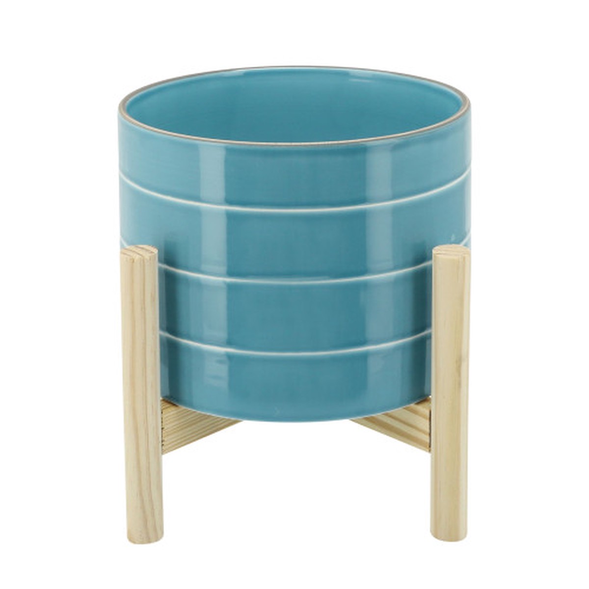Striped Ceramic Planter with Stand - 8" - Light Blue