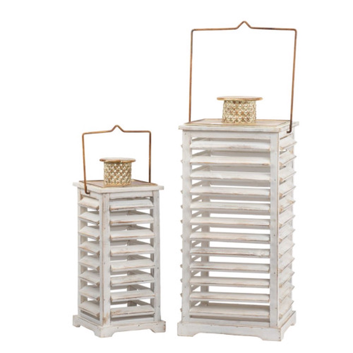 Weathered Style Hanging Wooden Lanterns - 27.5" - White and Gold - Set of 2