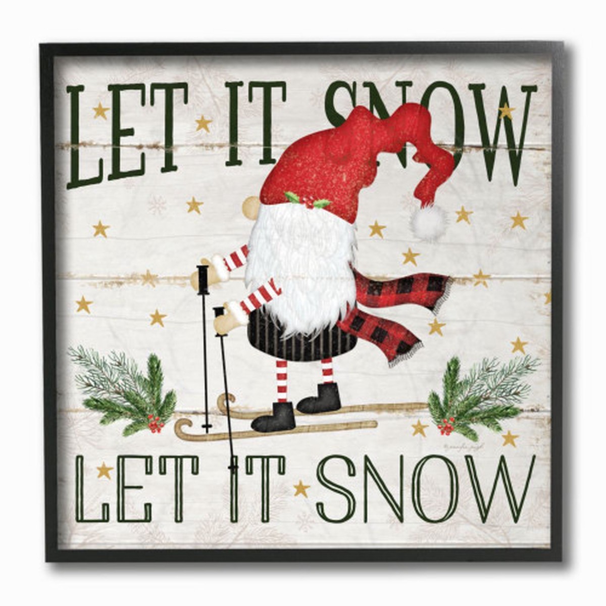 White and Black Winter Skiing Gnome with "Let it Snow" Stretched Christmas Framed Wall Art 12"