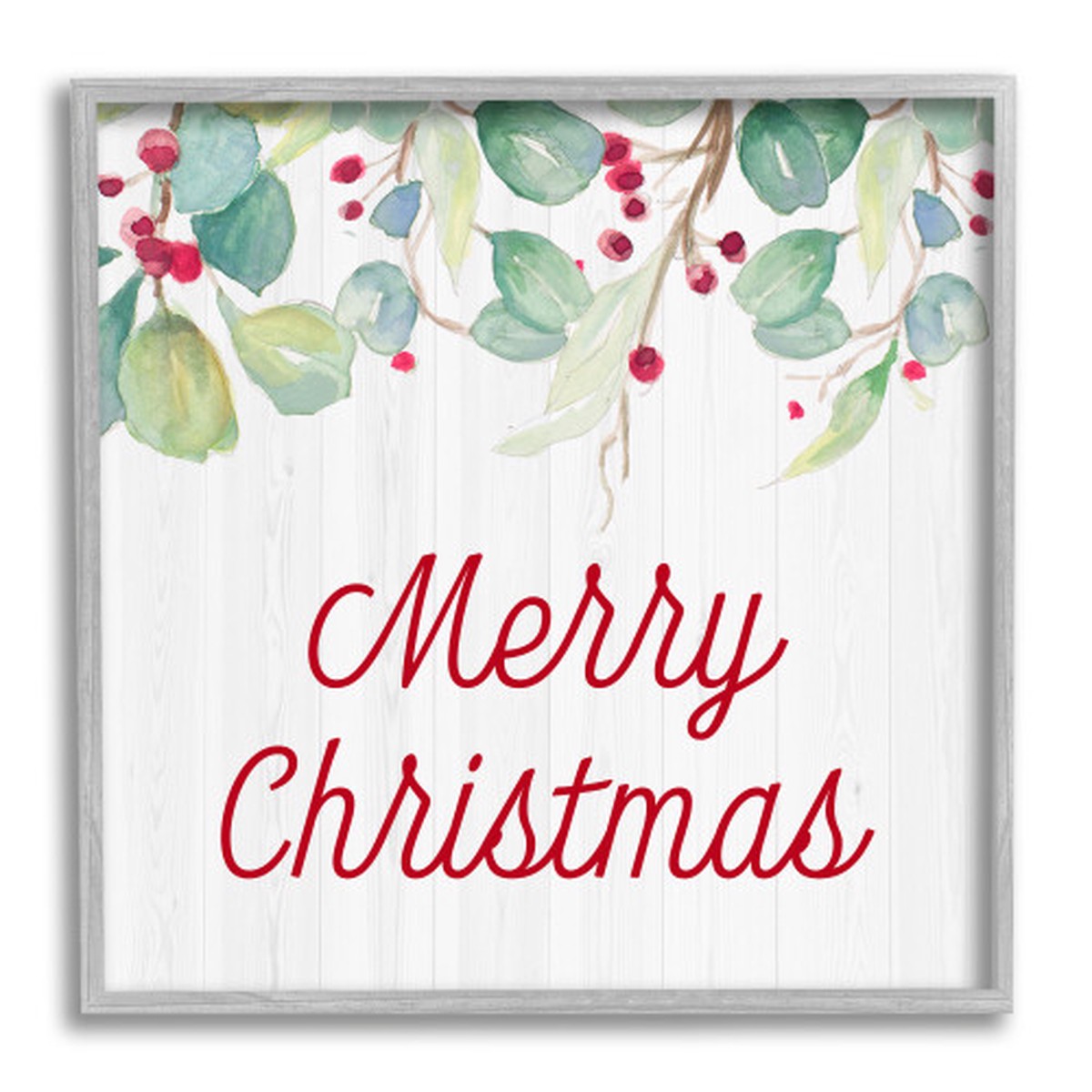 White and Gray "Merry Christmas" Falling Holly Vines Framed Wall Art 12" x 12"