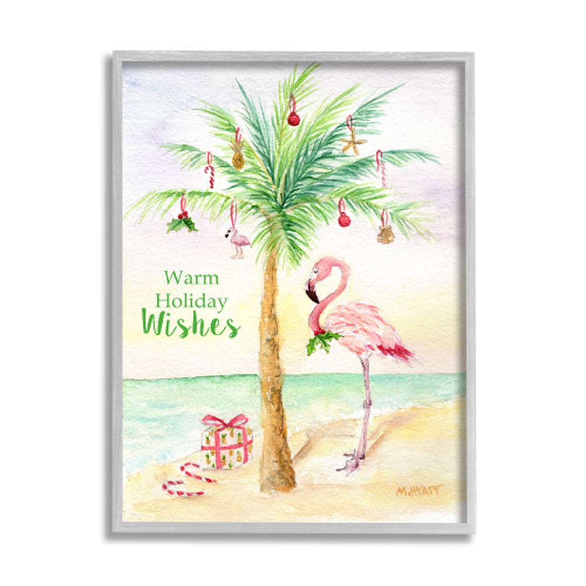 White and Gray Tropical Flamingo Nautical Palm Tree Framed Christmas Wall Art 30" x 24"