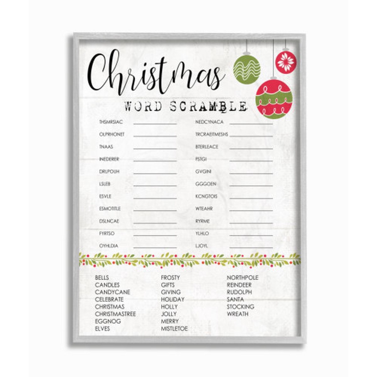 White and Green Christmas Word Scramble Activity Farmhouse Rustic Framed Wall Art Decor 20" x 16"