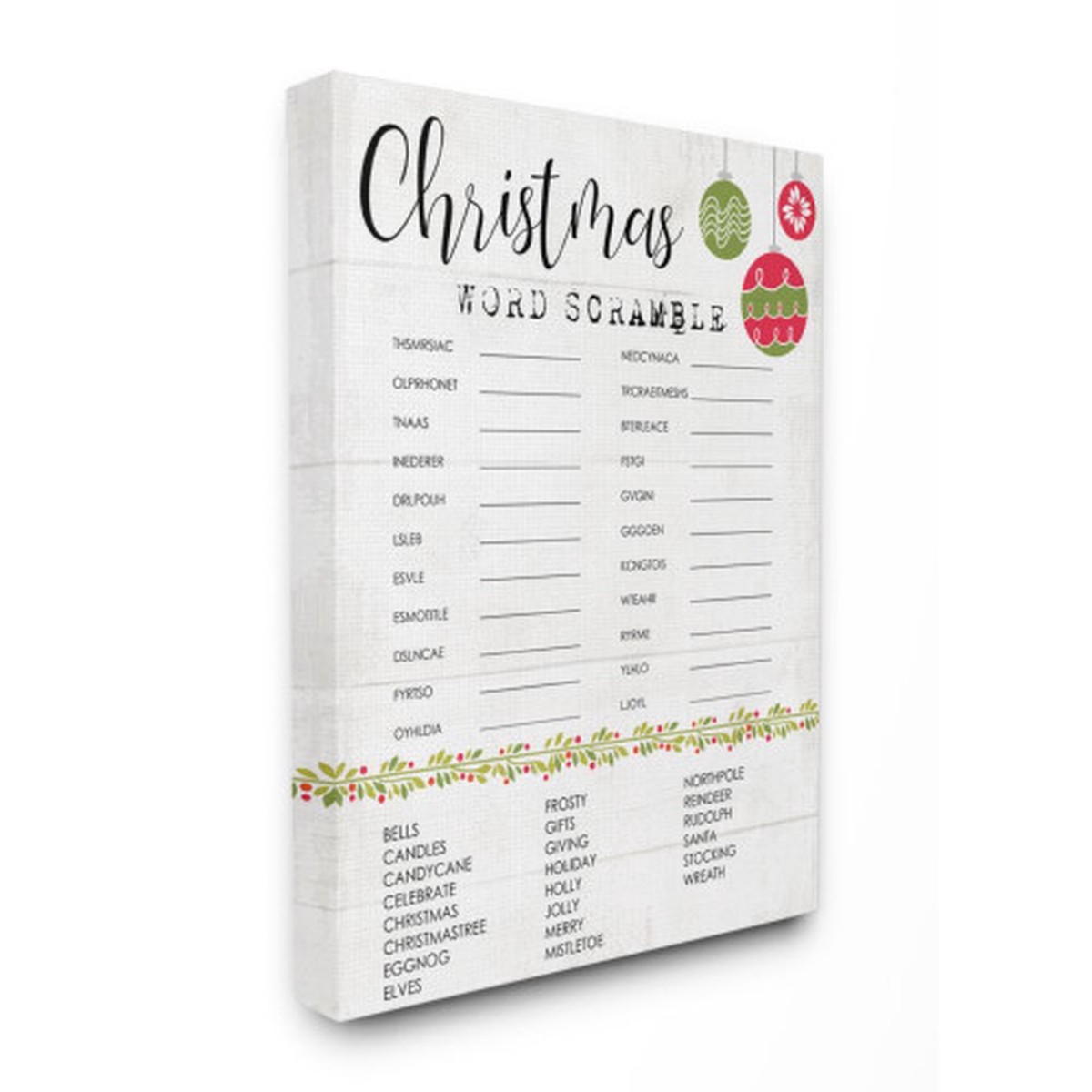 White and Green Christmas Word Scramble Activity Rectangular Wall Art Decor 40" x 30"