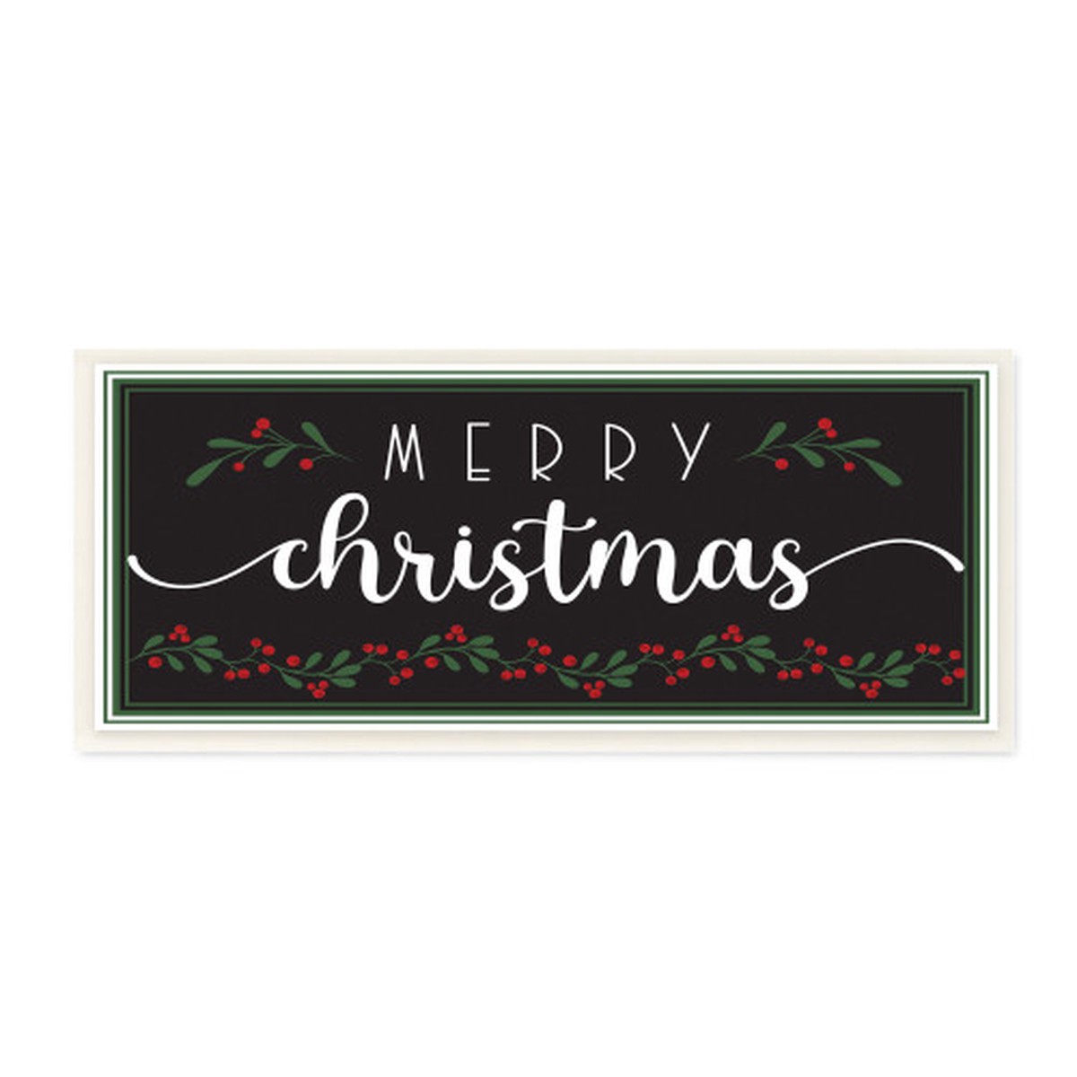 White and Green Merry Christmas Phrase over Black Festive Rectangular Wall Plaque Art 17" x 7"