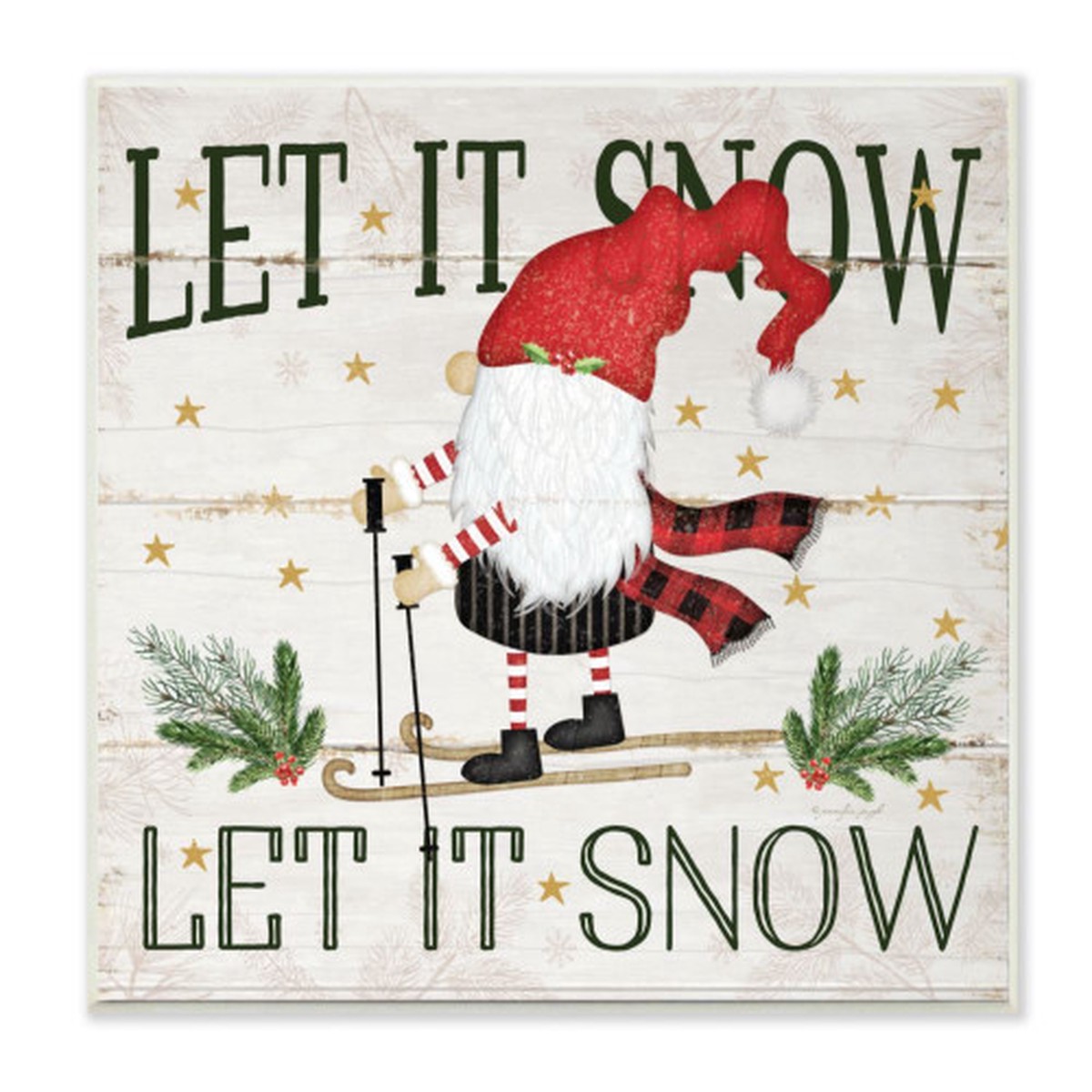 White and Green Winter Skiing Gnome with "Let it Snow" Christmas Wall Plaque Art 12"