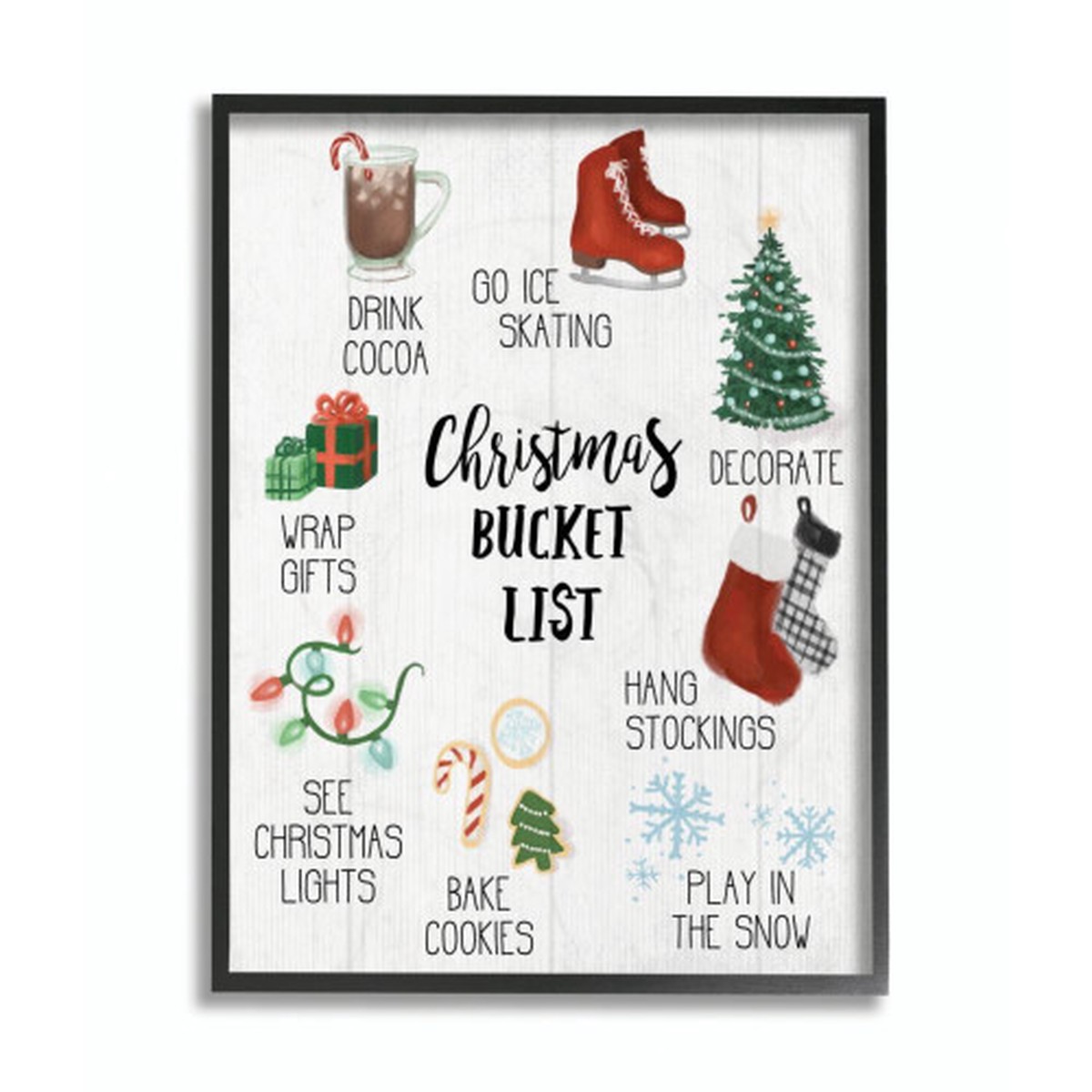White and Red Christmas Bucket List Seasonal Items Rectangular Framed Wall Art 20" x 16"