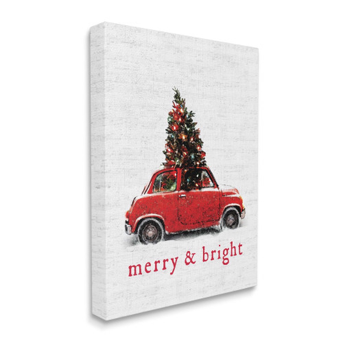 White and Red Merry Bright Quote Vintage Car Stretched Christmas Wall Art 30" x 24"