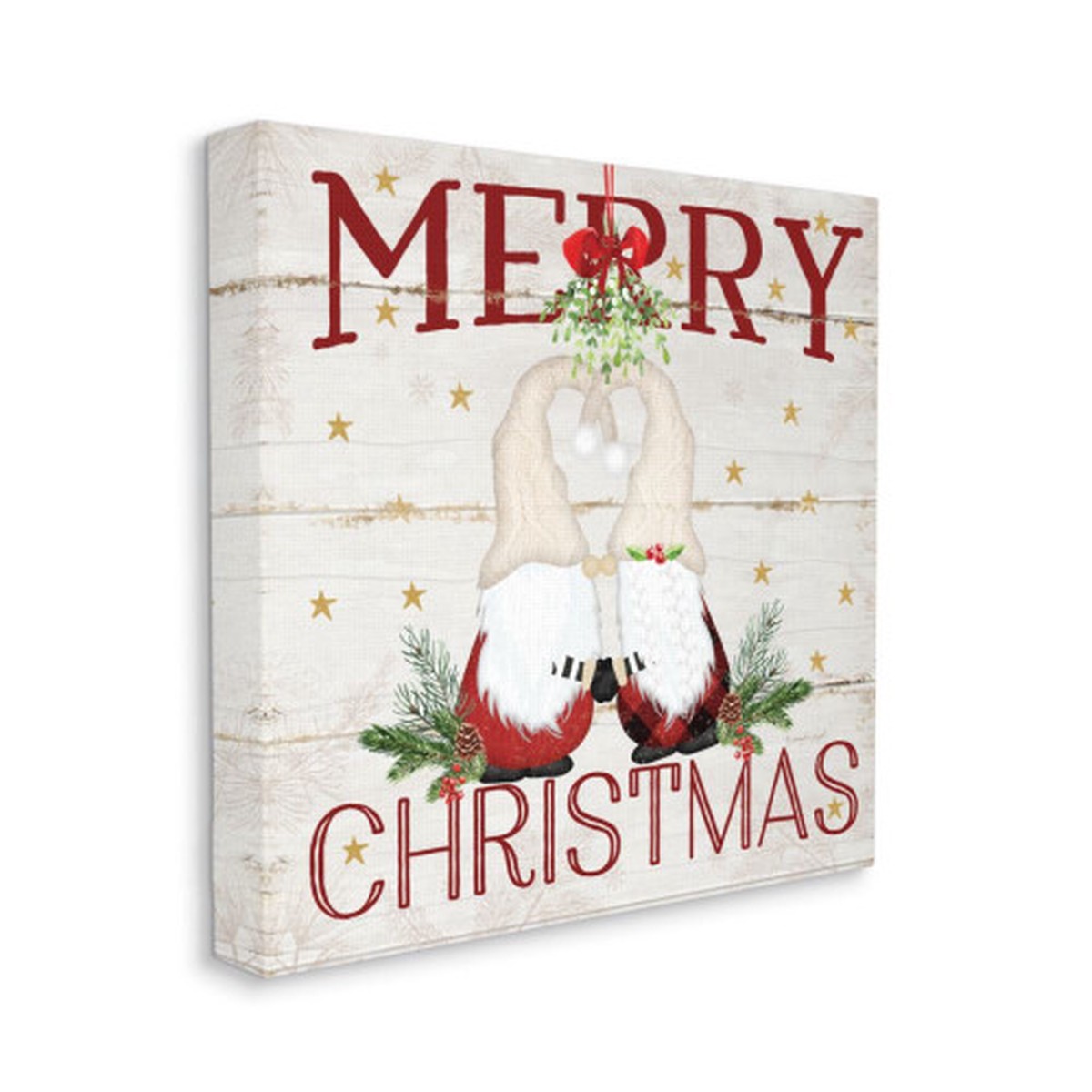 White and Red "Merry Christmas" Gnomes Under Mistletoe Square Christmas Wall Art 24"