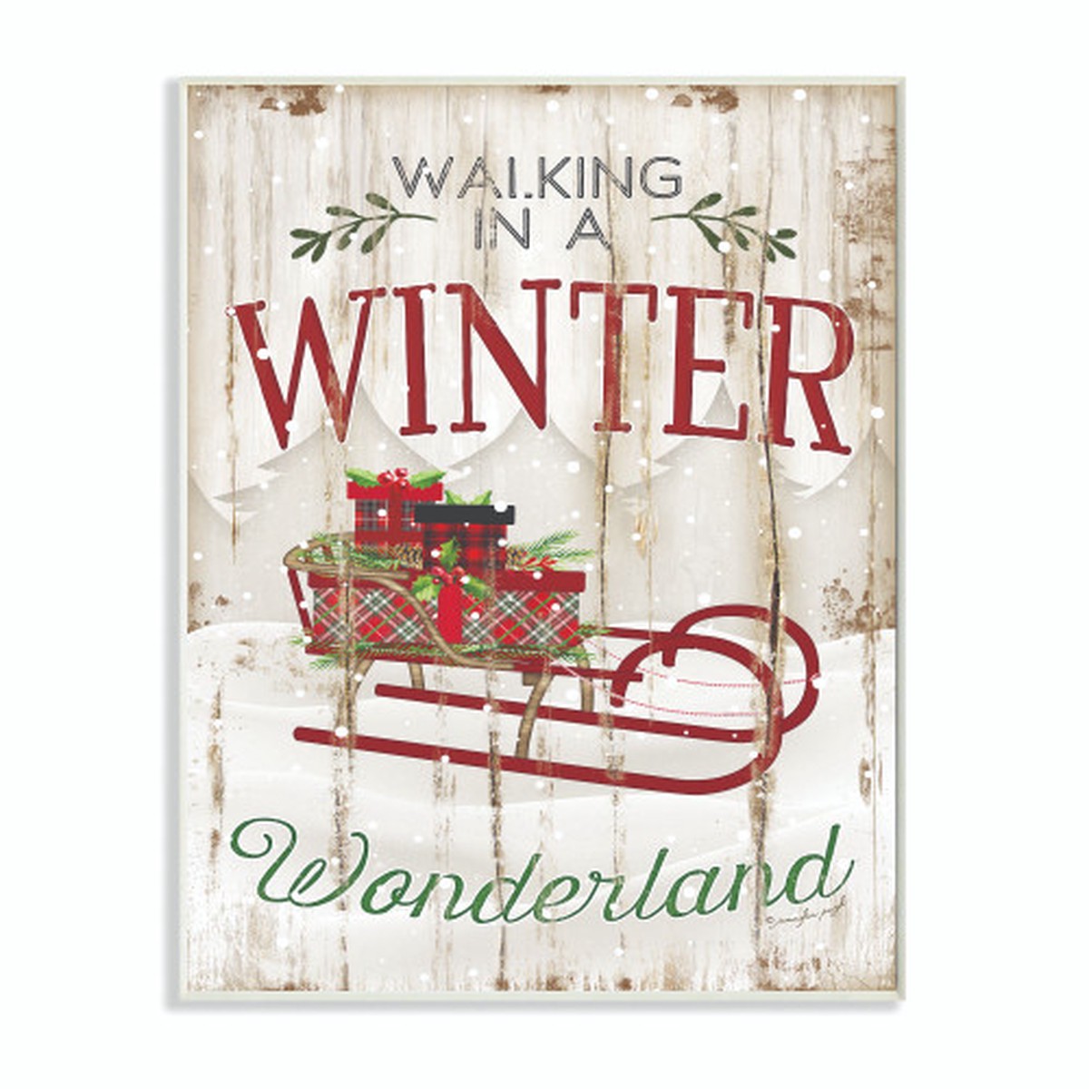 White and Red Winter Wonderland Sleigh Christmas Wall Plaque Art 15" x 10"