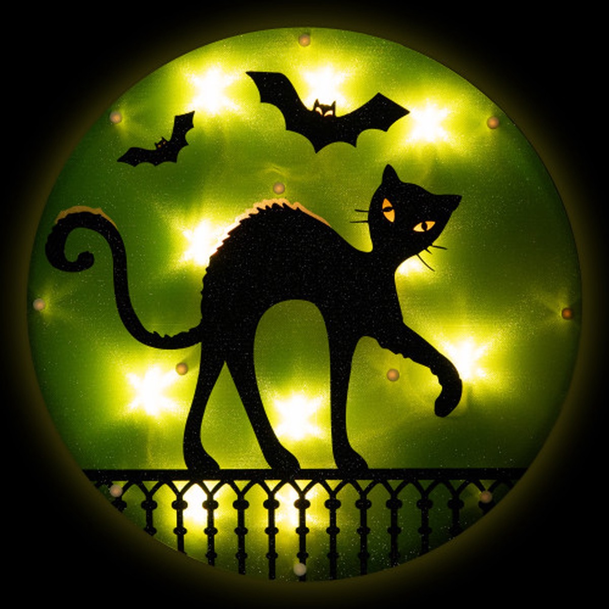 13.75" Lighted Black Cat with Bats Halloween Window Decoration - Green