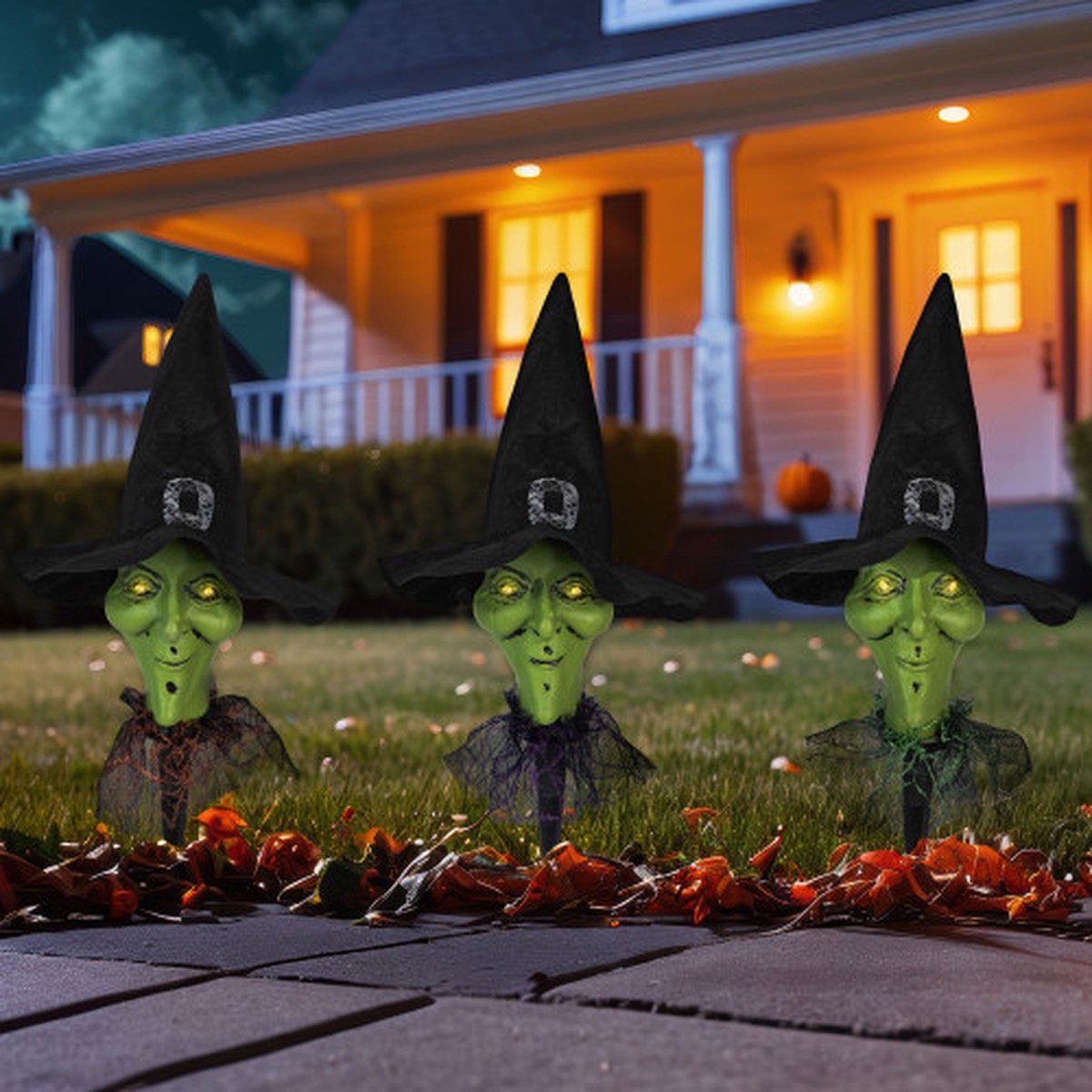 17" LED Lighted Smirking Witch Halloween Outdoor Pathway Markers with Timer - Set of 3