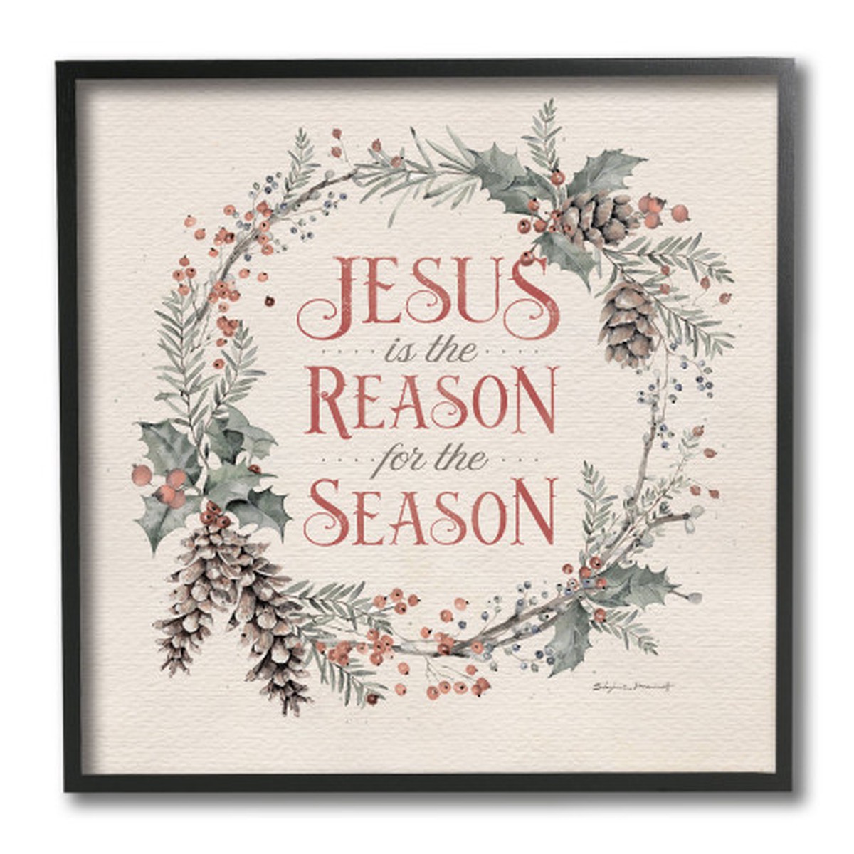 Beige and Green Jesus Reason for Season Christmas Framed Wall Art Decor 12" x 12"