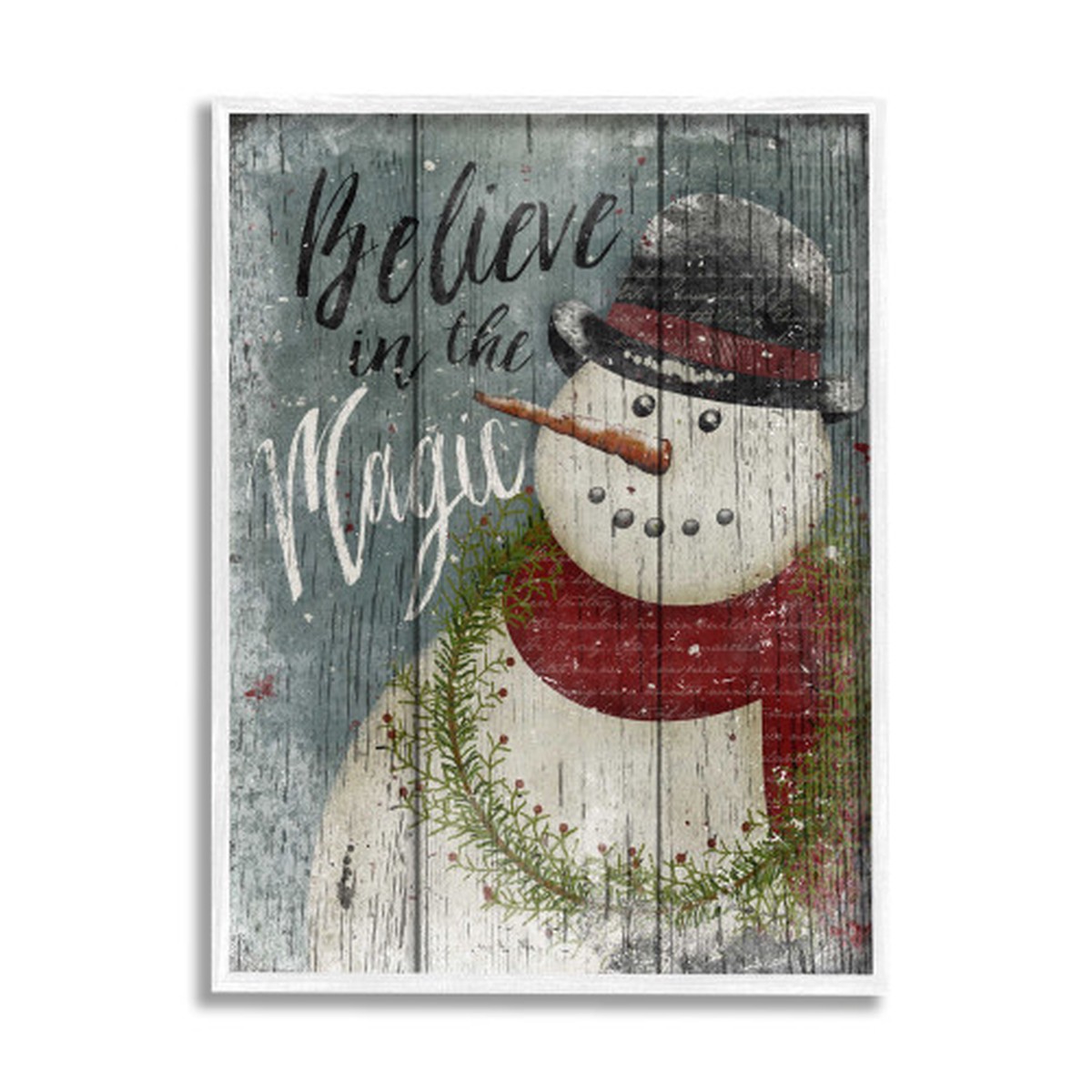 Black and White Snowman "Believe in Magic" Christmas Framed Rectangular Wall Art 20" x 16"
