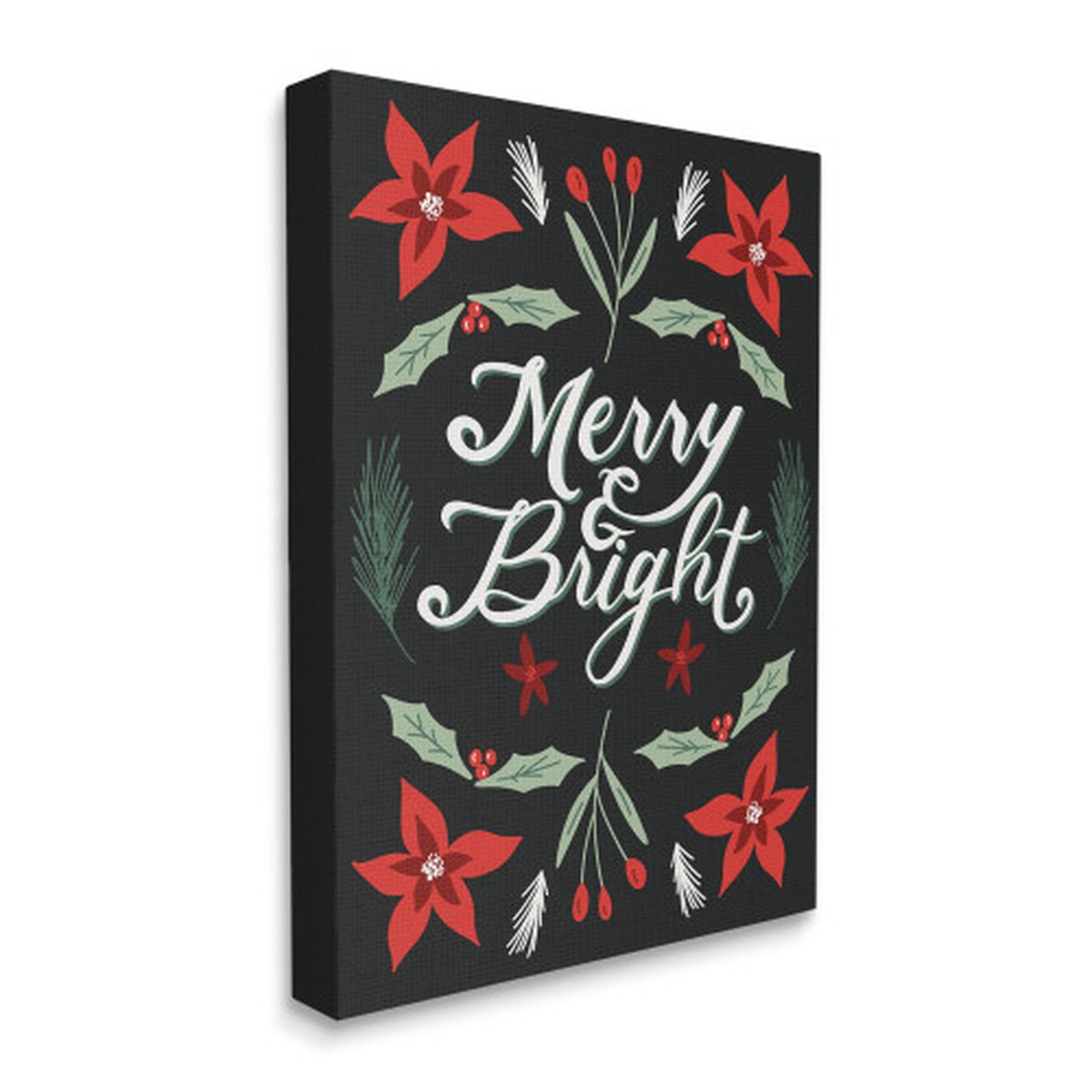 Black Merry and Bright Festive Text Poinsettia Stretched Rectangular Christmas Wall Art 20" x 16"