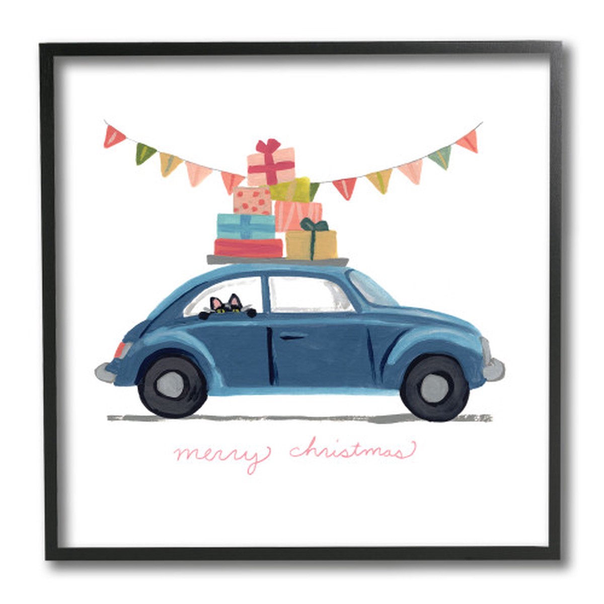Blue and Black Cat Car with Present Stack Framed Giclee Texturized Christmas Wall Art 12"
