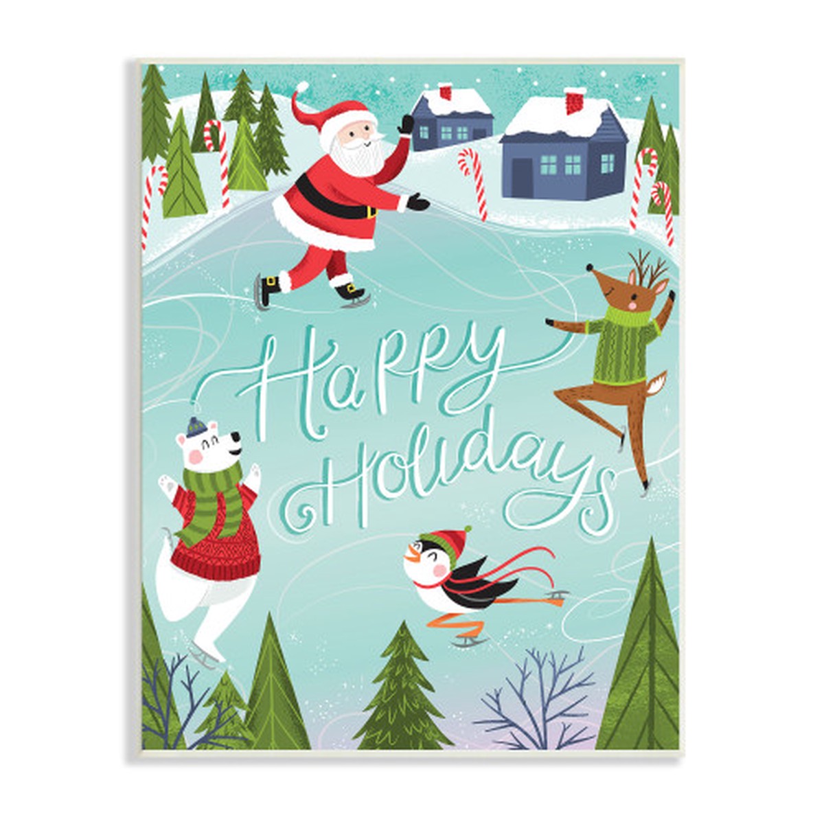 Blue and Green Happy Holidays Ice Skating Animals Christmas Wall Plaque Art Decor 15" x 10"