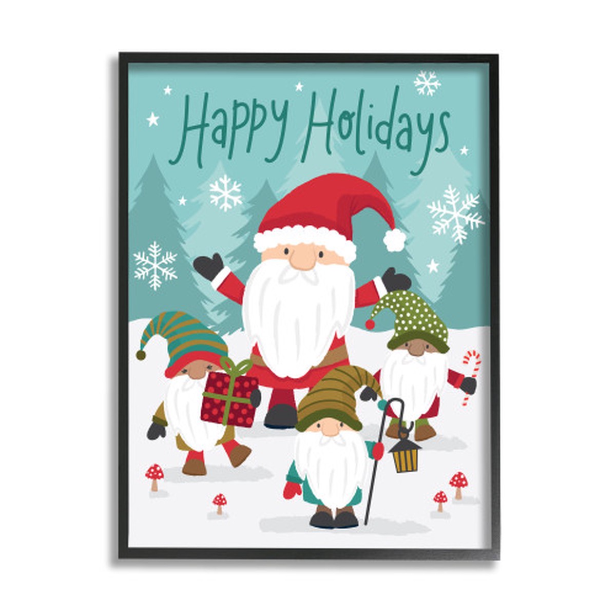 Blue and Red Happy Holidays Santa Claus Gnomes Rectangular Framed Wall Art 20" x 16"