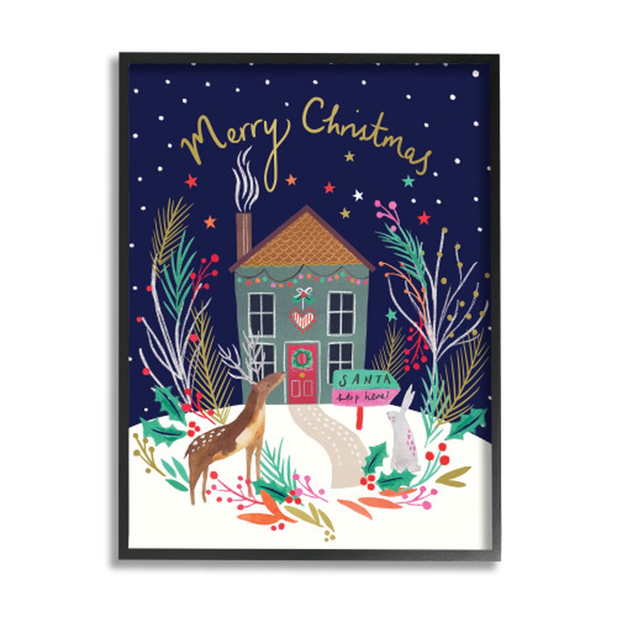 Blue and White Merry Christmas Family Home Reindeer Rectangular Framed Wall Art 30" x 24"