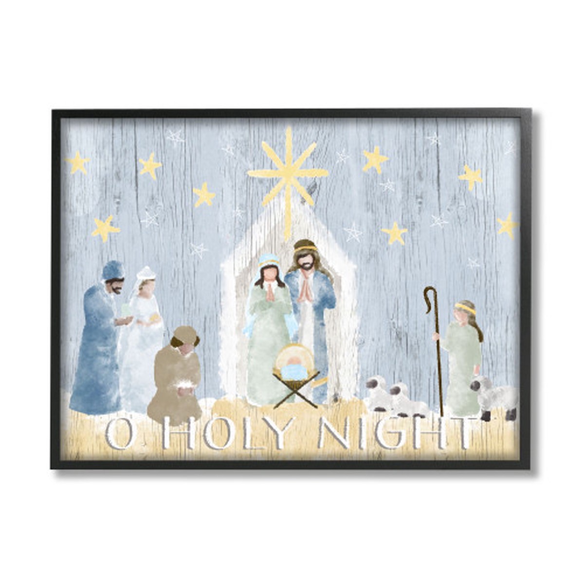 Blue and White Nativity Barn Stable Christmas Black Framed Wall Art 24" x 30"
