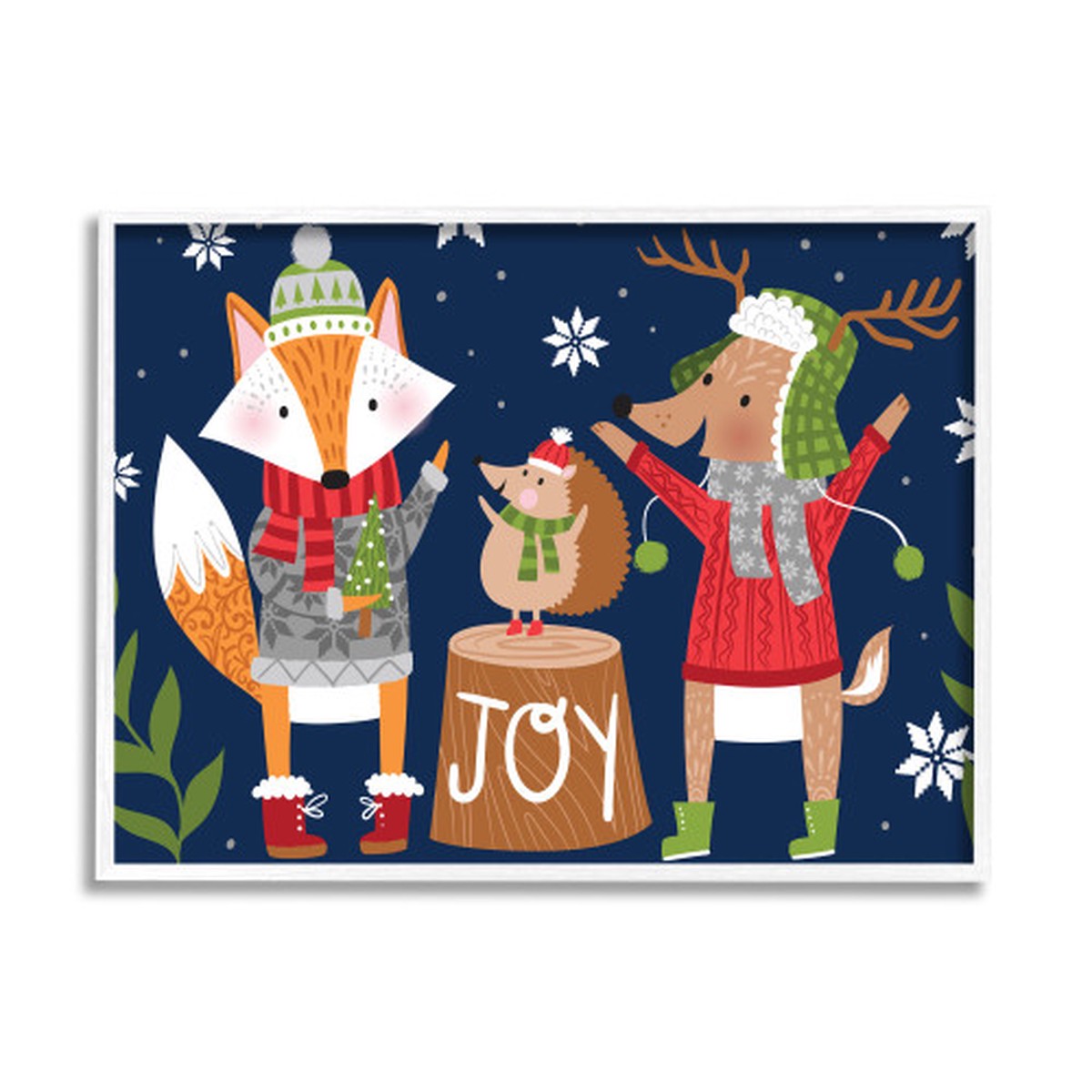 Brown and Blue Animals Fox Reindeer Hedgehog Rectangular White Framed Wall Art 20" x 16"
