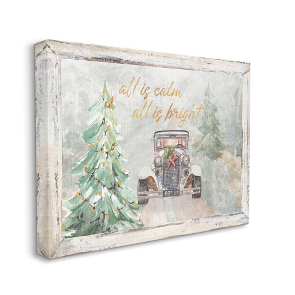 Brown and Green All Is Calm Vintage Christmas Country Road Rectangular Canvas Wall Art 20" x 16"