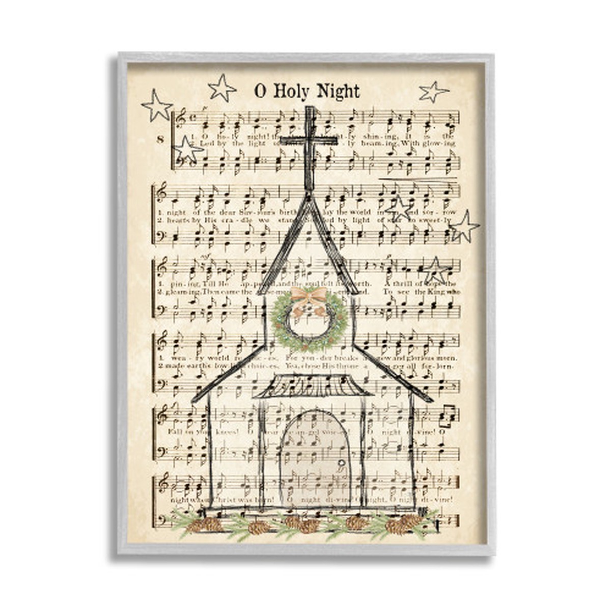 Brown Festive Winter Church Holy Night Musical Script Gray Framed Wall Art 20" x 16"