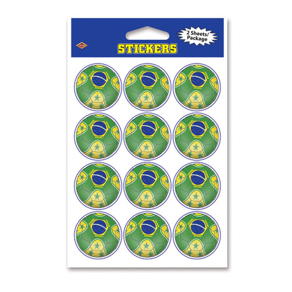 Club Pack of 12 Green and Yellow "Brasil" Soccer Ball Decorative Sticker Sheets 6"
