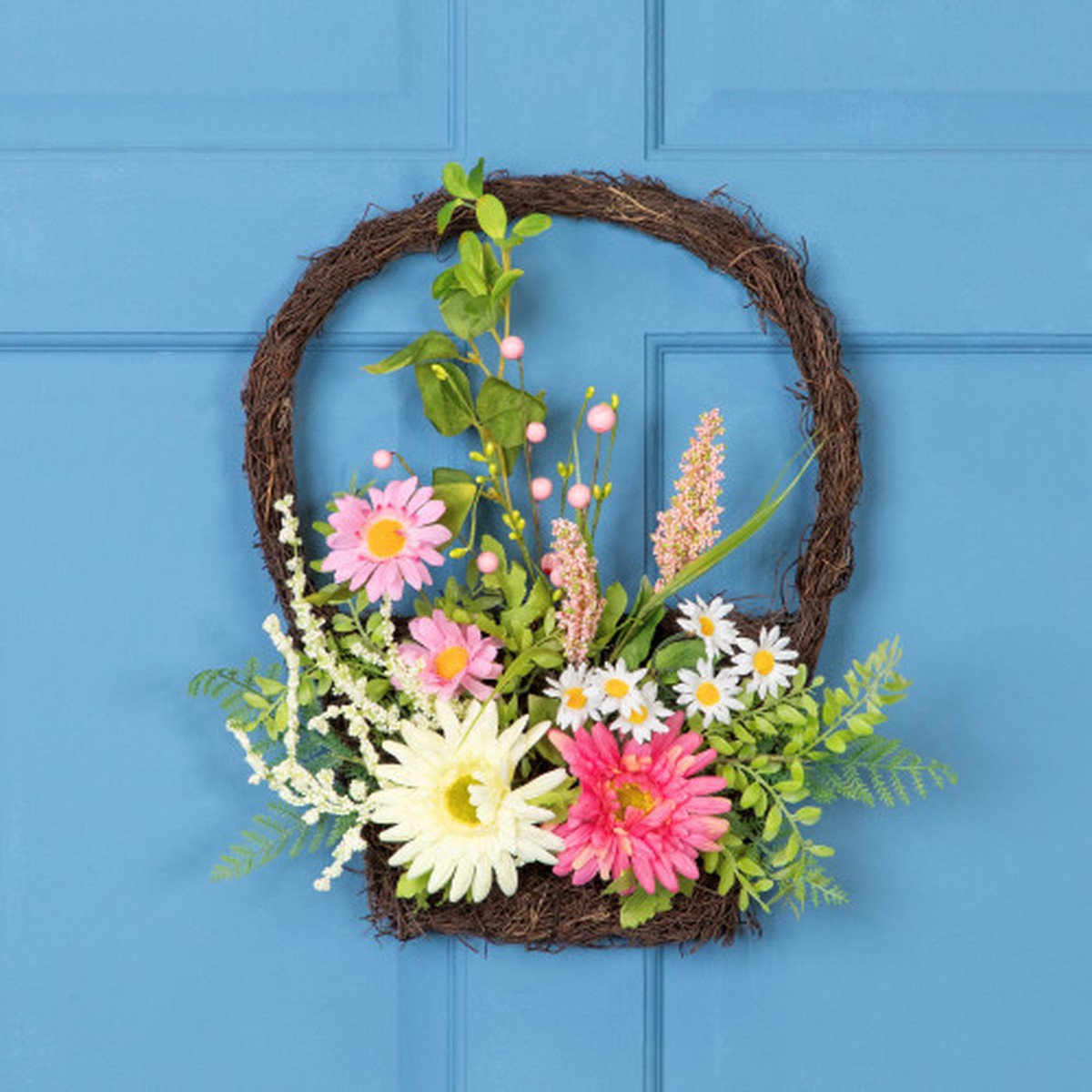 Gerbera Daisy, Veronica and Statice Spring Twig Basket Wreath - 17"