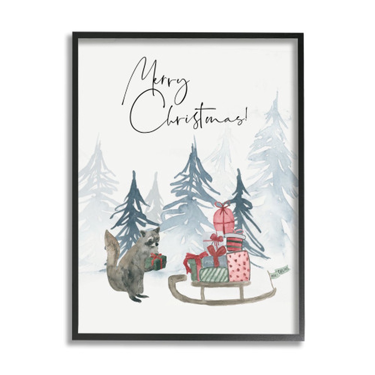 Gray and Black "Merry Christmas" Raccoon Forest Present Sleigh Framed Wall Art 20" x 16"