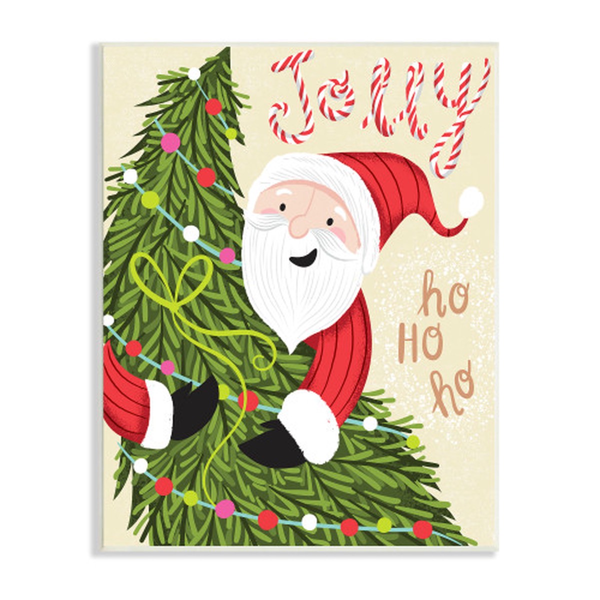 Green and Beige Jolly Santa Claus Christmas Tree Rectangular Wall Plaque Art Decor 15" x 10"