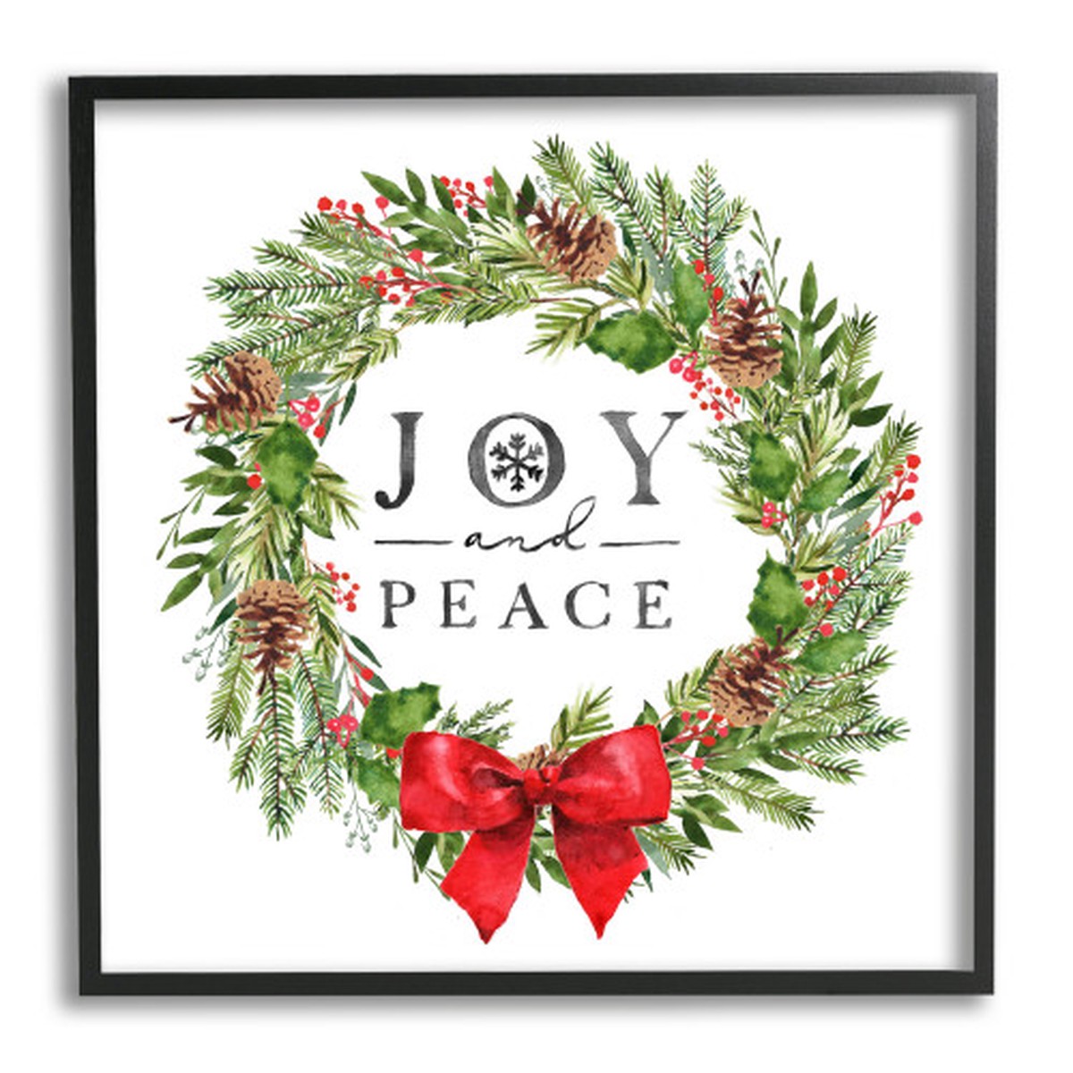 Green Joy and Peace Pine Wreath Oversized Black Framed Square Wall Art 24" x 24"