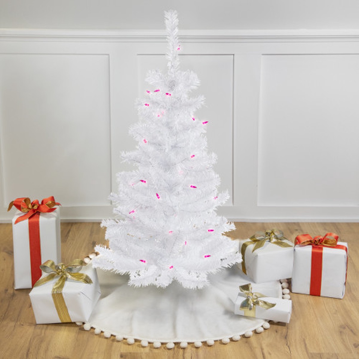 Pre-Lit Slim Woodbury White Pine Artificial Christmas Tree - 3' - Pink Lights