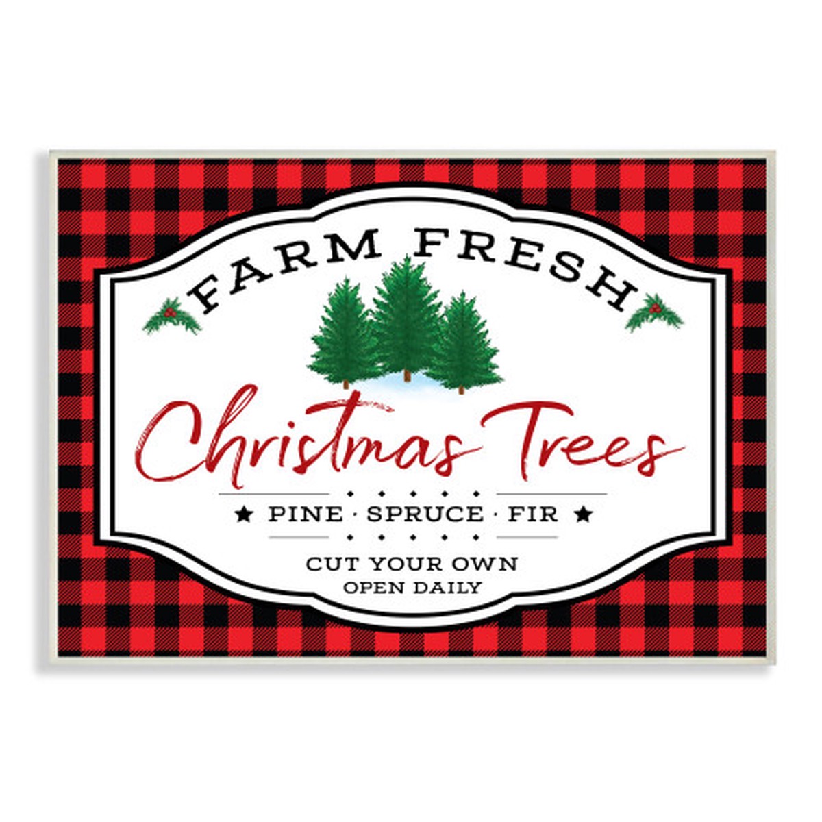 Red and Black Farm Fresh Christmas Tree Sign Buffalo Plaid Rectangular Wall Plaque Art 19" x 13"