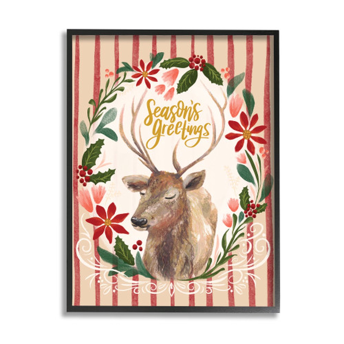 Red and Black "Seasons Greetings" Wreath Reindeer Framed Christmas Wall Art 20" x 16"