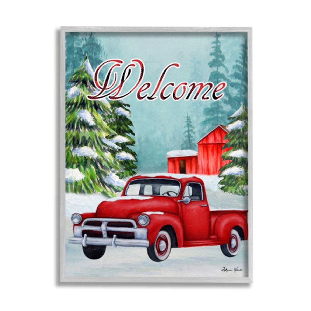 Red and Gray Winter Welcome Sign Truck Snow Barn Framed Christmas Wall Art 20" x 16"