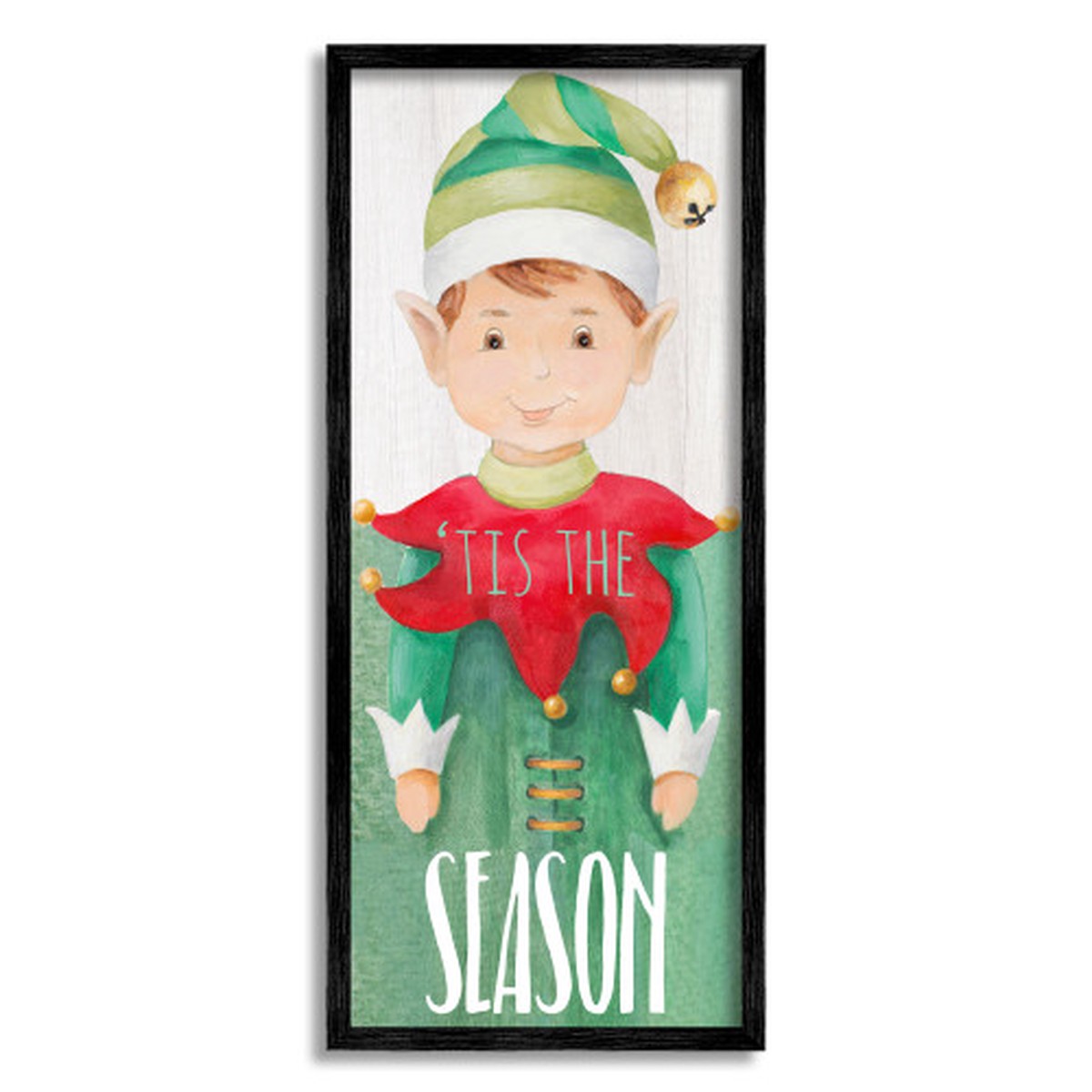 Red and Green Elf with Bell Hat Christmas Black Framed Wall Art 24" x 10"