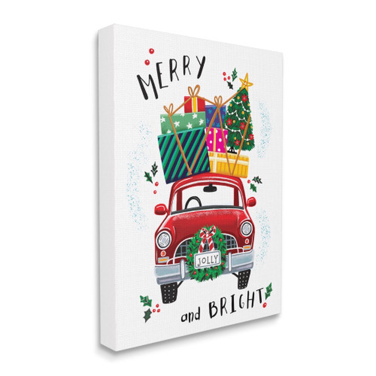Red and Green Holly Farm Truck Stretched Canvas Wall Art 20" x 16"