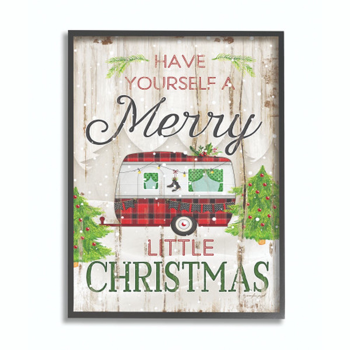 Red and Green Merry Christmas Plaid Camper Oversized Framed Wall Art 20" x 16"