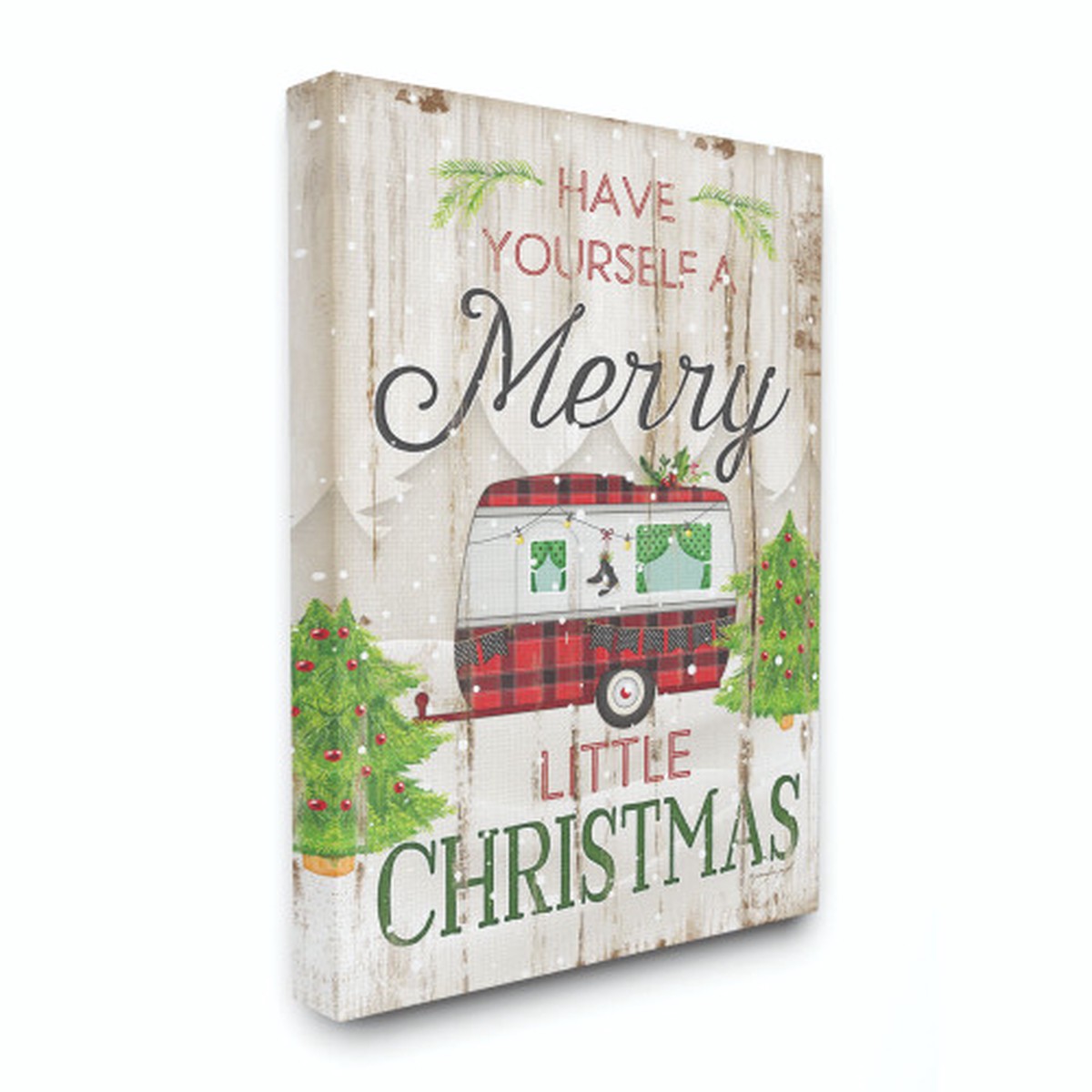 Red and Green Merry Christmas Plaid Camper Oversized Stretched Canvas Wall Art 30" x 24"