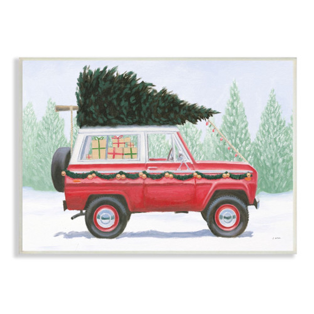 Red and Green Utility Truck with Christmas Tree Wall Plaque Art Decor 10" x 15"