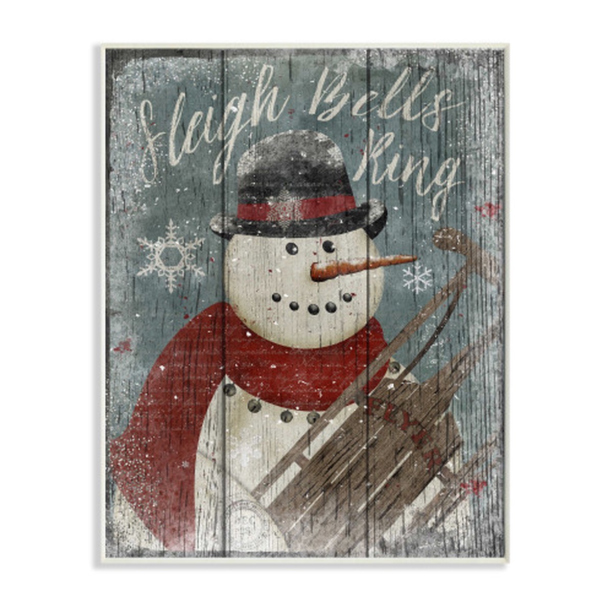Red and White Sleigh Bells Ring Snowman Rectangular Wall Plaque 10" x 15"
