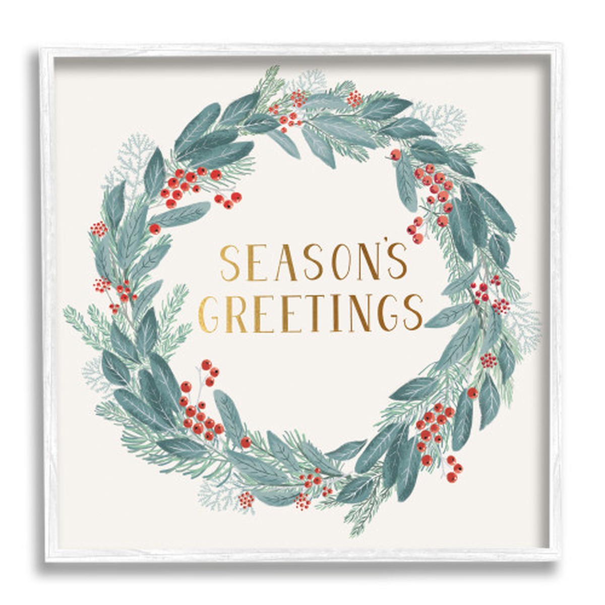 Red and White Winter Foliage Holly Wreath Oversized White Framed Wall Art 24" x 24"