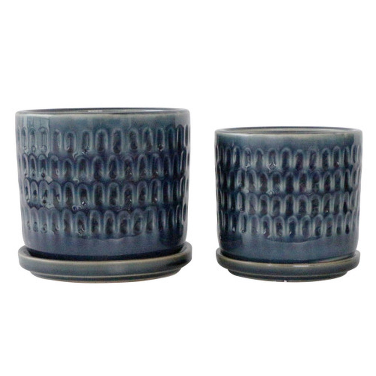 Set of 2 Blue Hammered Ceramic Planters with Saucer 6"