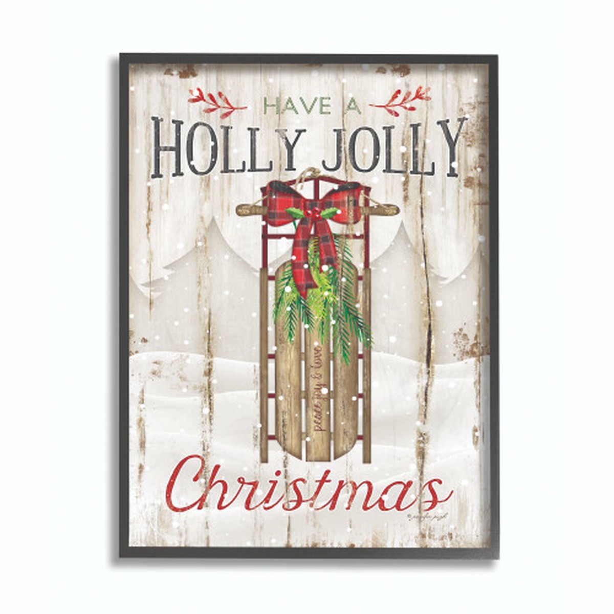 White and Black Holly Jolly Christmas Sleigh Framed Rectangular Wall Art 20" x 16"