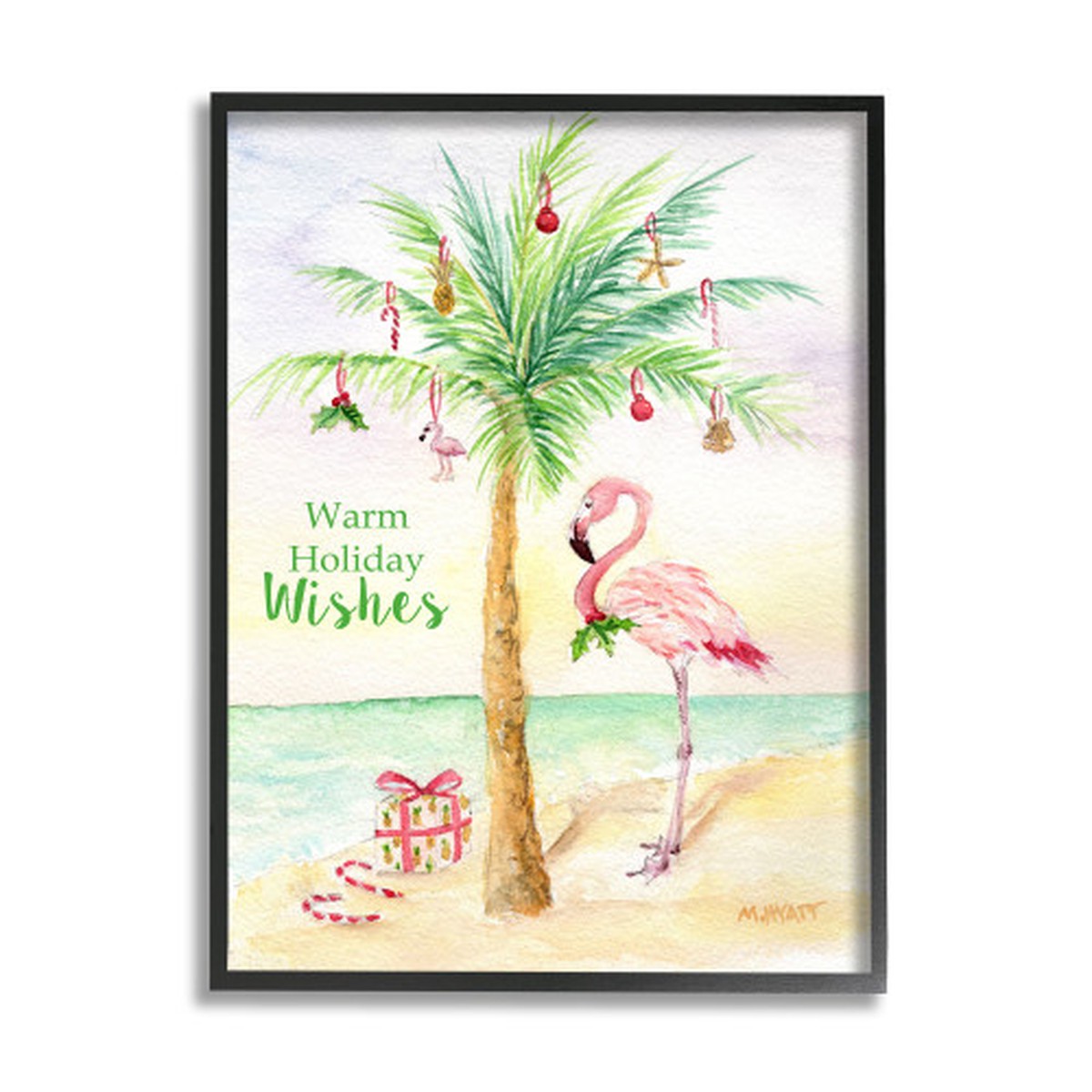White and Black Tropical Flamingo Nautical Palm Tree Framed Christmas Wall Art 20" x 16"