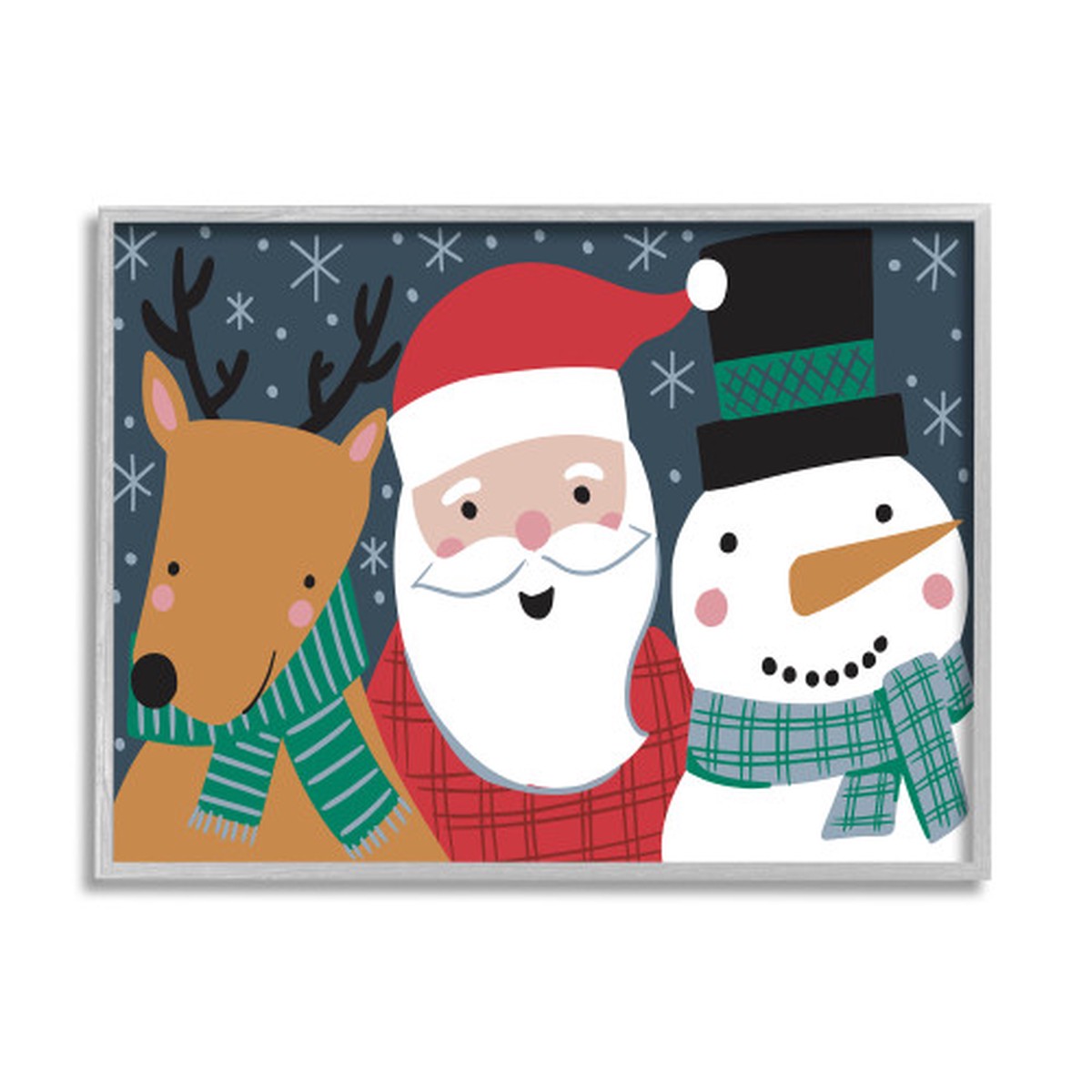 White and Blue Christmas Santa Reindeer Snowman Farmhouse Rustic Framed Wall Art 30" x 24"