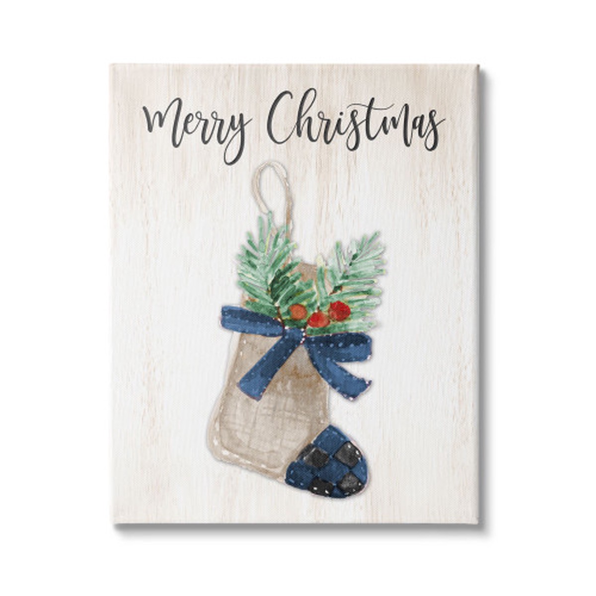 White and Blue Merry Christmas Plaid Stocking Rectangular Canvas Wall Art Decor 40" x 30"