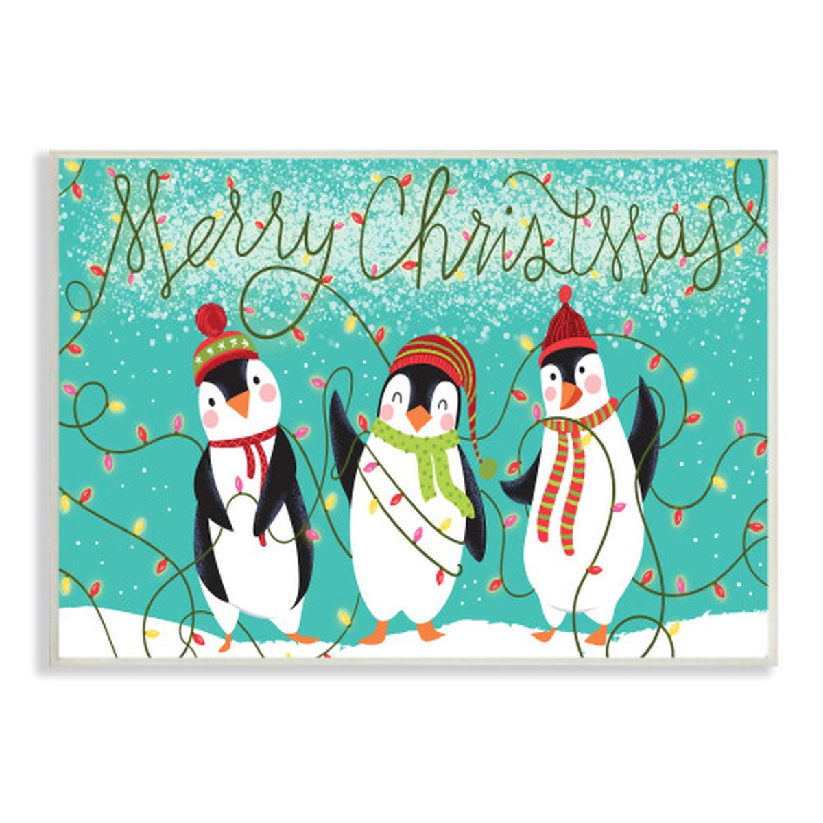 White and Blue Merry Christmas Playful Penguins Rectangular Wall Plaque Art Decor 15" x 10"