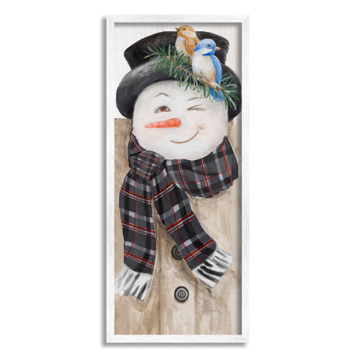 White and Brown Snowman Wink Winter Birds Framed Wall Art 24" x 10"